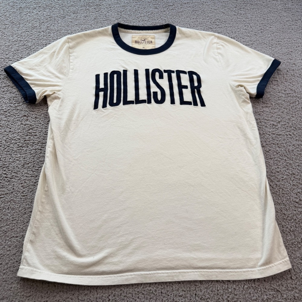 Hollister Mens Cream Navy Blue Ringer T-Shirt Applique Spellout Size M